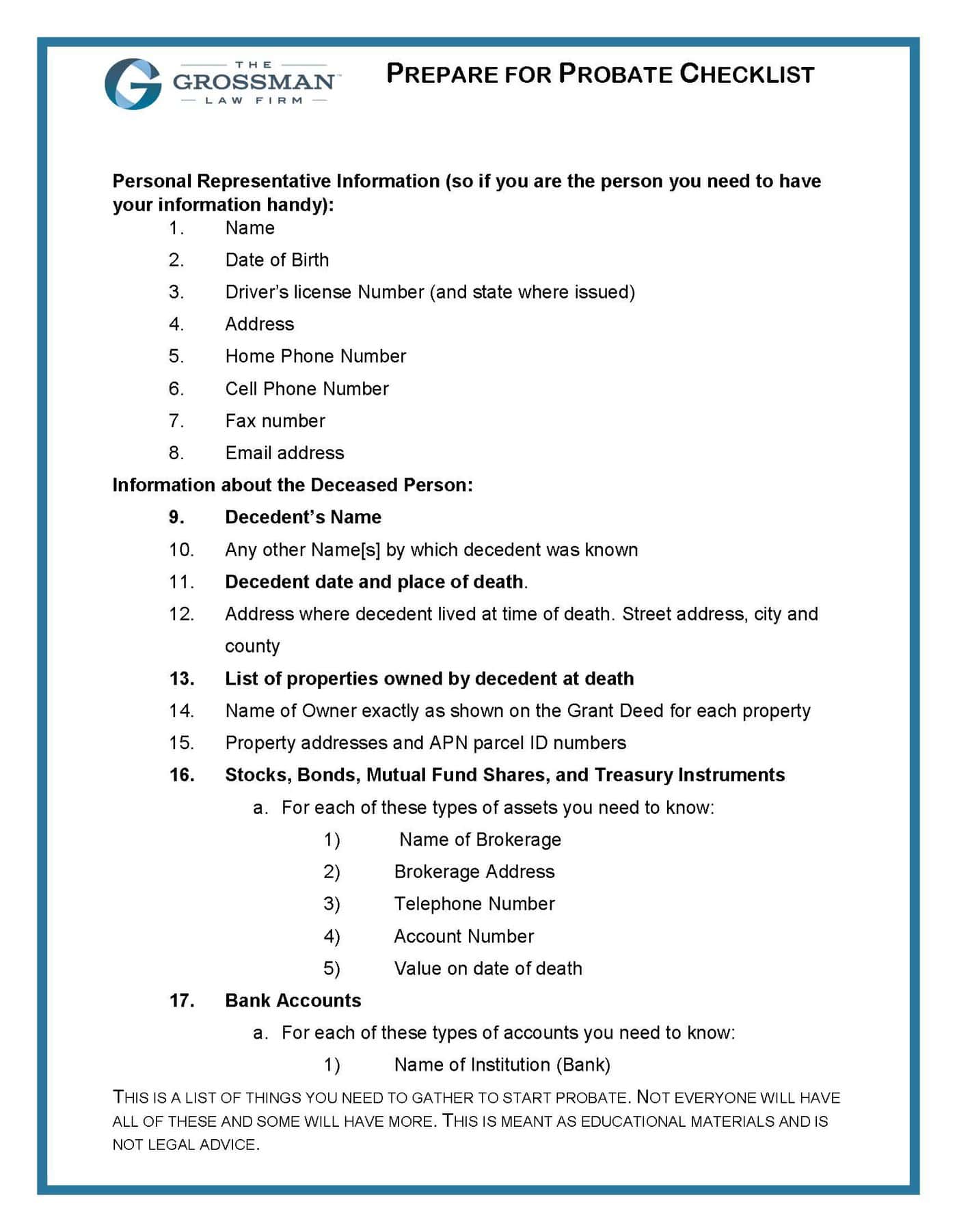 Preparing for Probate Checklist The Grossman Law Firm APC